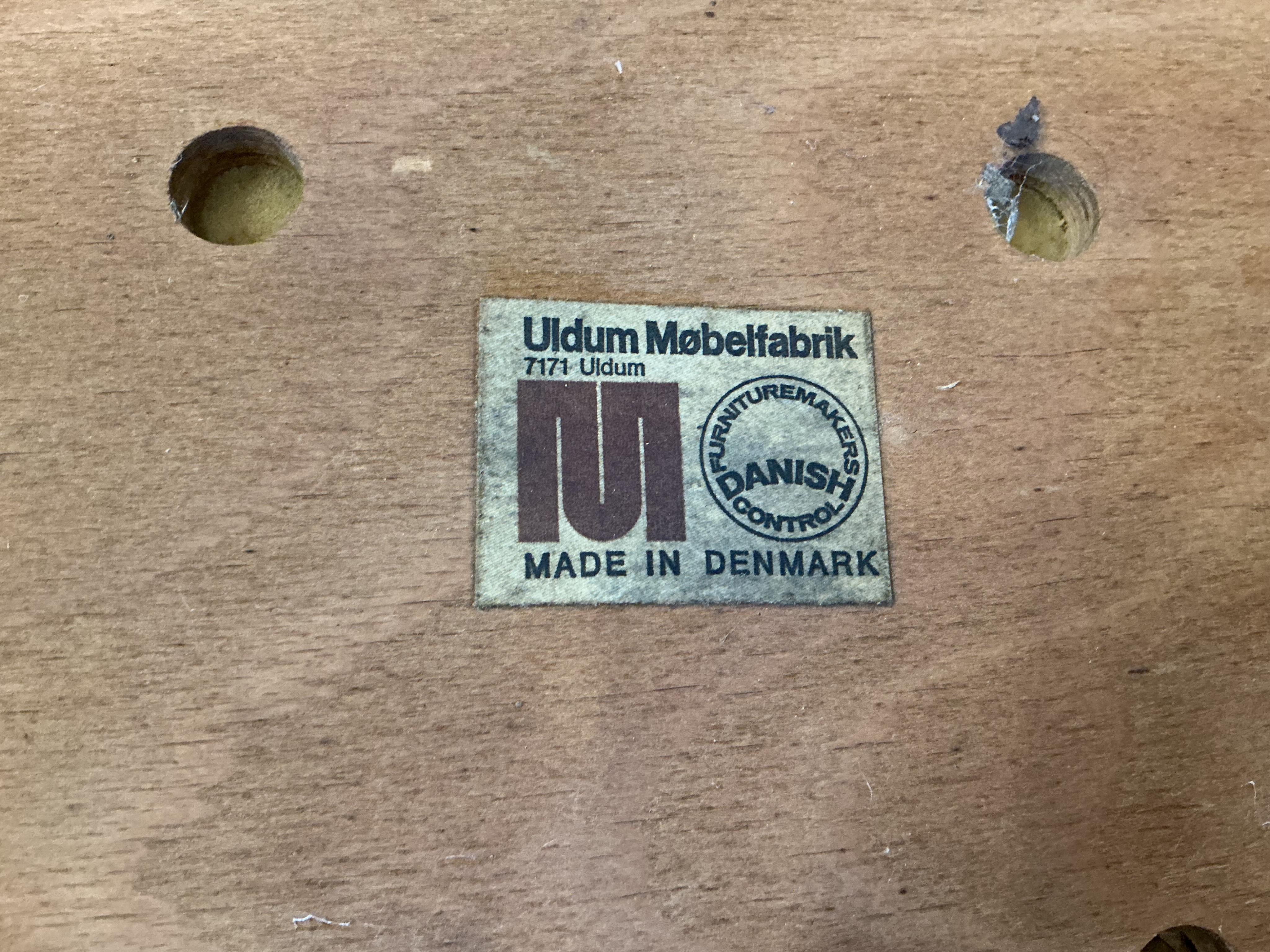 Johannes Andersen for Uldum Mobelfabrik, a set of six teak and tan leather dining chairs, width 42cm, height 84cm